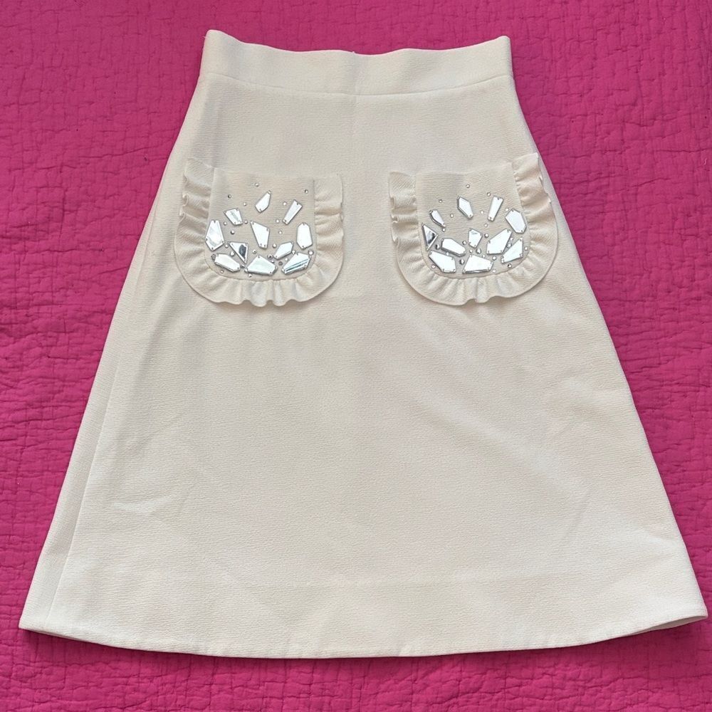 Lilya Stogova Elegant white Skirt with mirror Embellished Pockets, US4